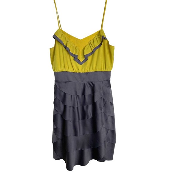 Esley Dresses & Skirts - Esley Womens Grey and Chartreuse Green Spaghetti Strap Ruffled Slip Dress Size M